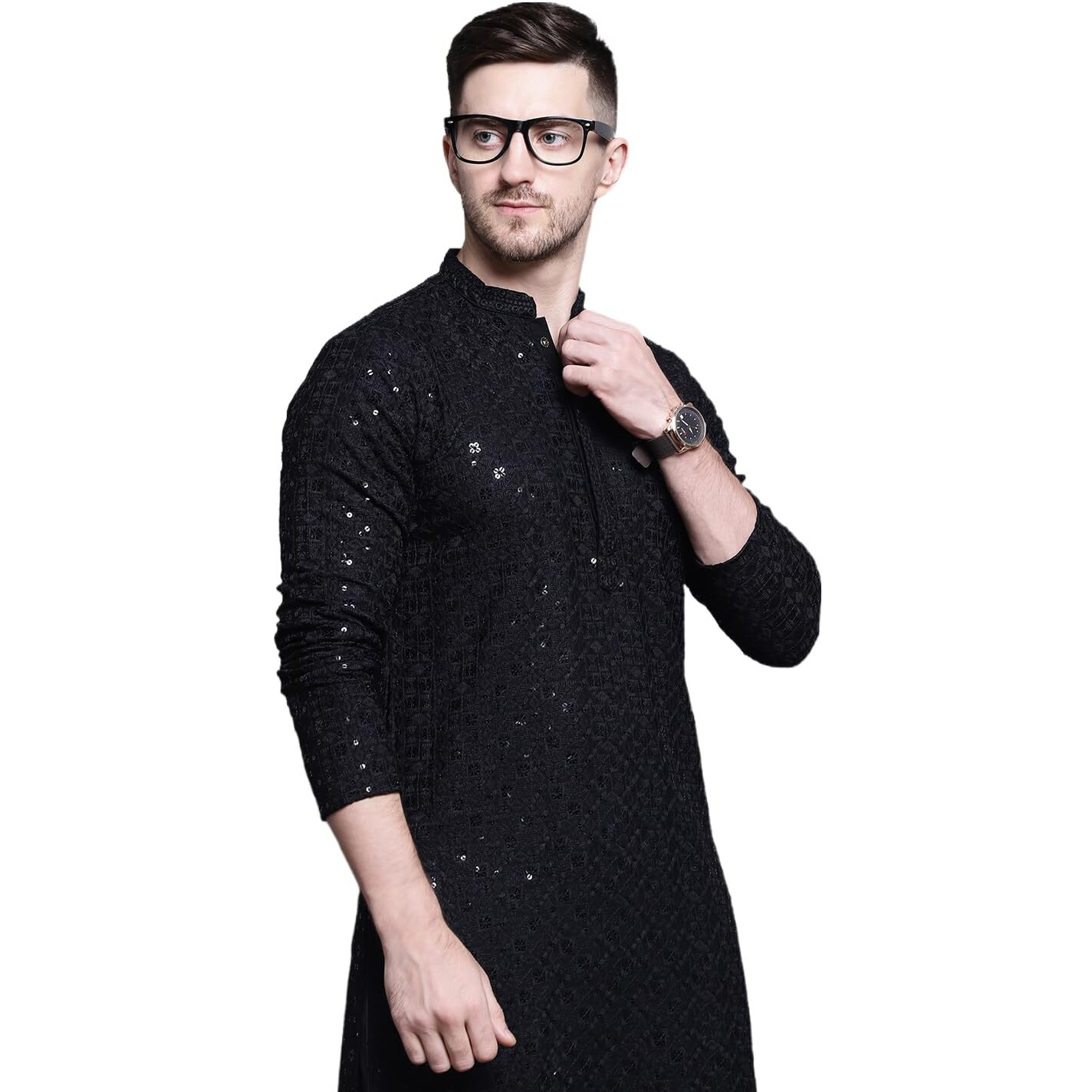 Jompers Men's Sequin Embroidered Pure Cotton Kurtas (Black, L)
