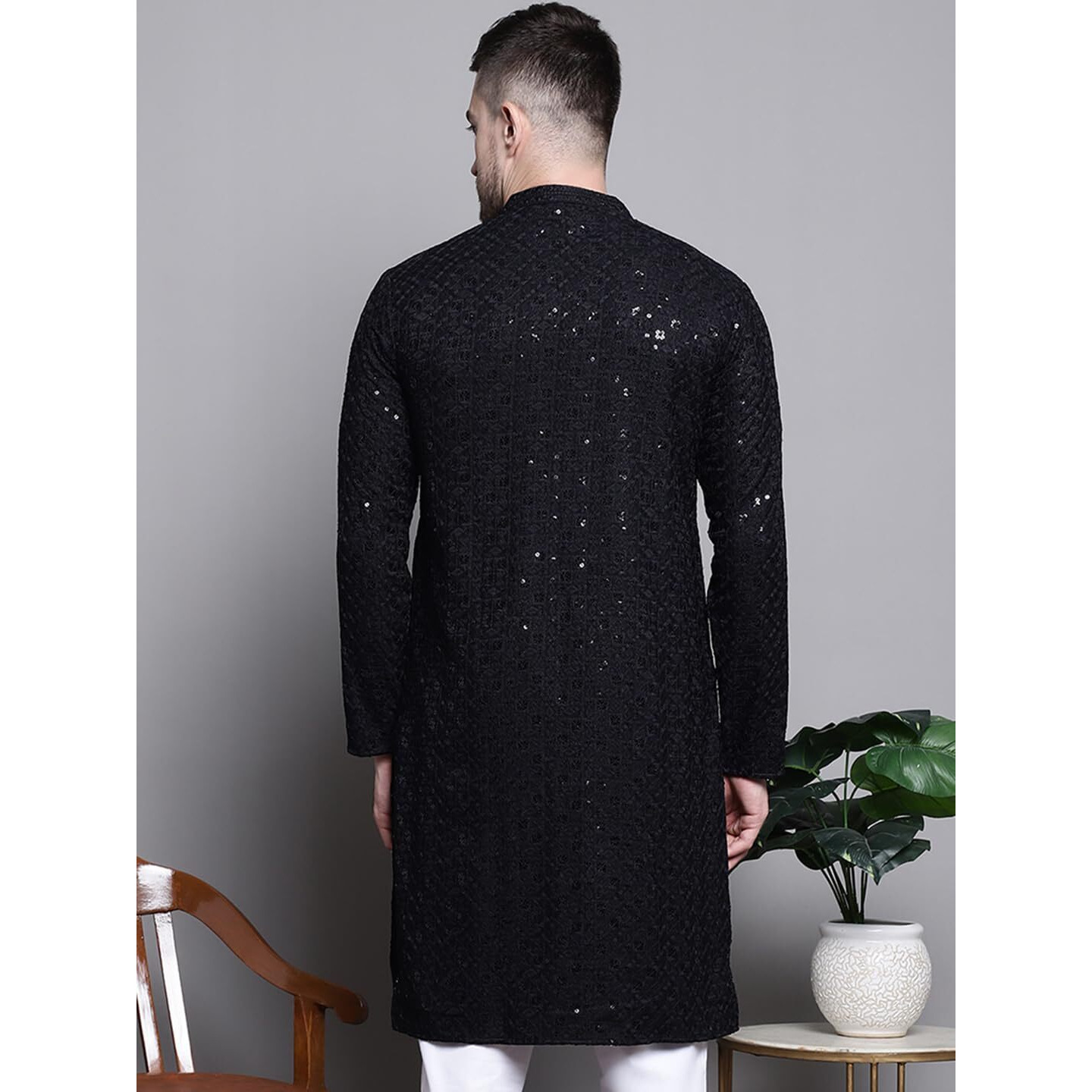 Jompers Men's Sequin Embroidered Pure Cotton Kurtas (Black, L)