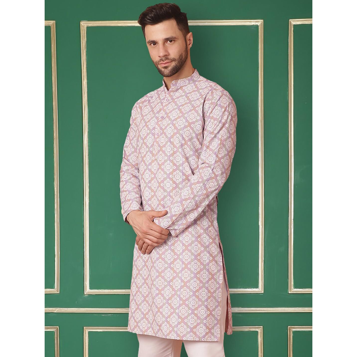 Jompers Men's Purple Floral Printed Kurta Only (Purple, S)