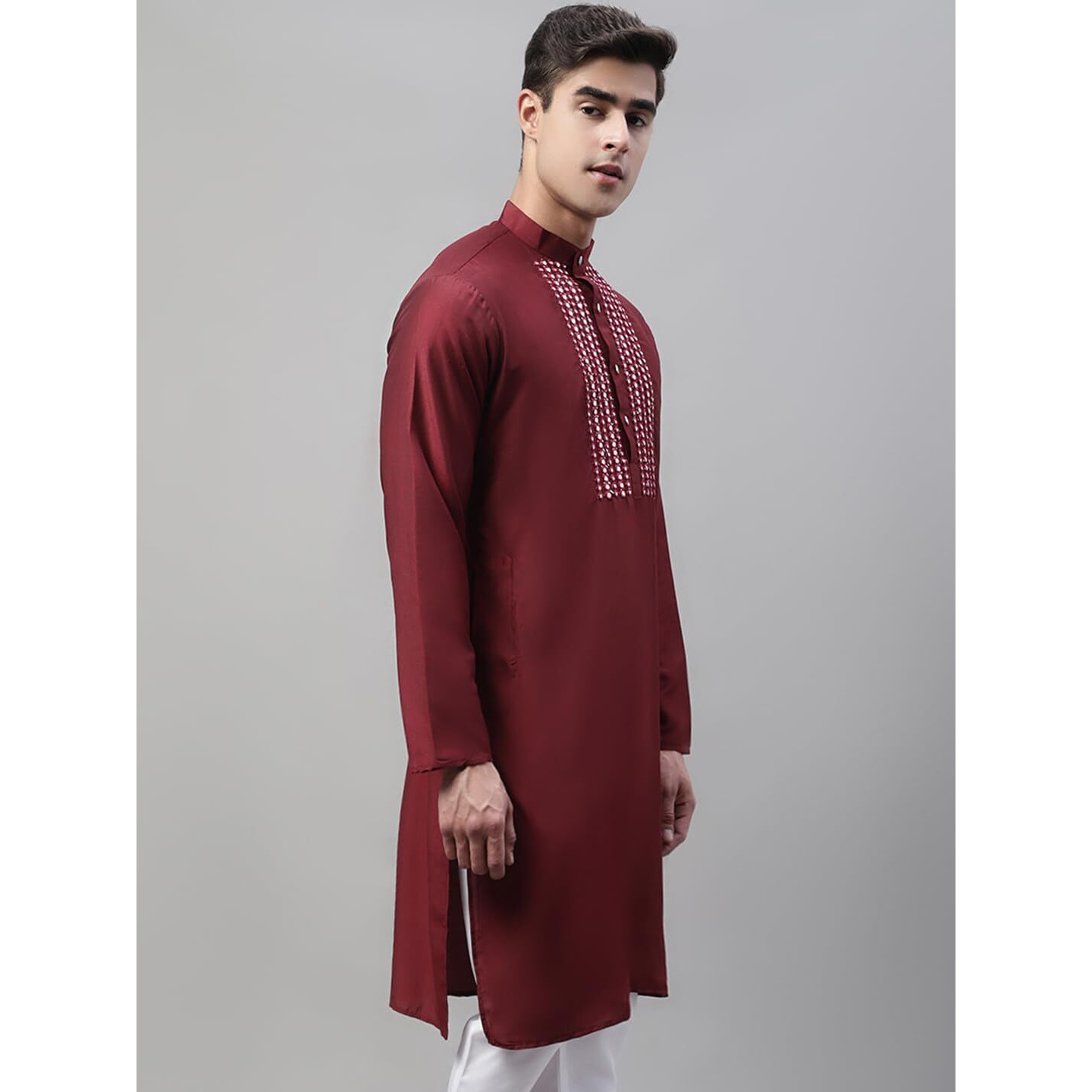 Jompers Men's Cotton Silk Mirror Work Kurtas (Maroon, L)