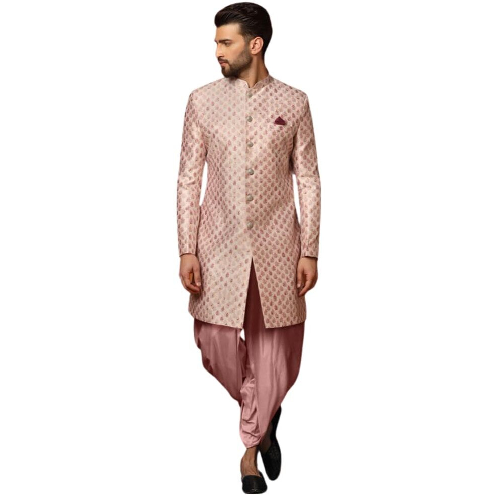 Kisah Men's Indo-Western Sherwani Dhoti Set, Multi Cotton, Printed Regular Fit Mandarin Collar Long Sleeves (S) Multicolour