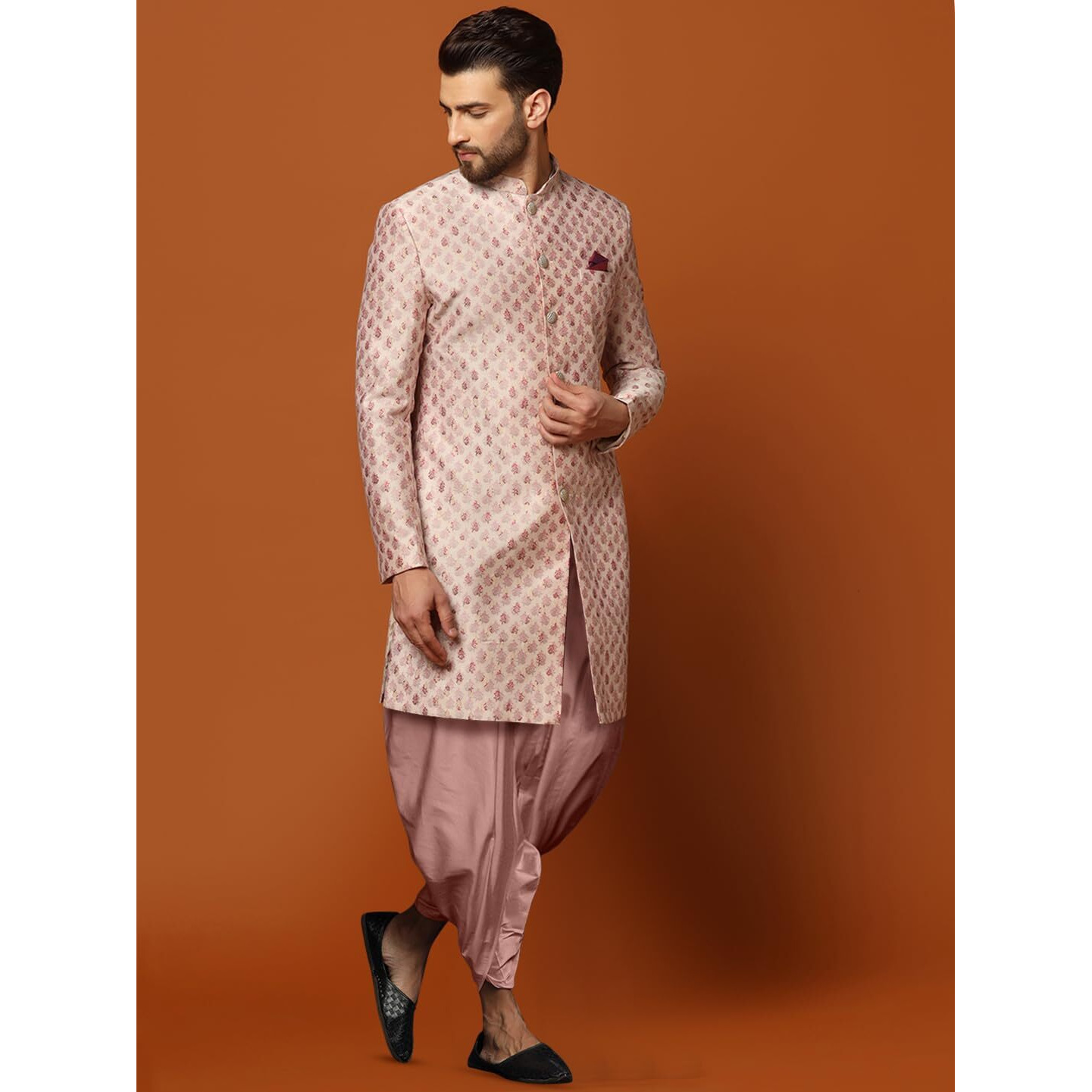 Kisah Men's Indo-Western Sherwani Dhoti Set, Multi Cotton, Printed Regular Fit Mandarin Collar Long Sleeves (S) Multicolour