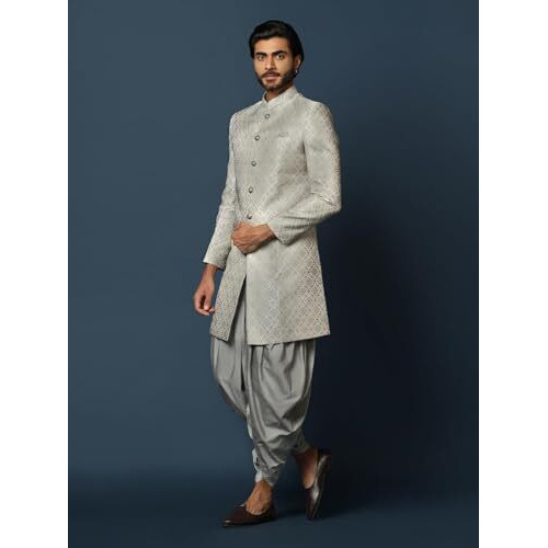Kisah Men's Grey Sherwani Dhoti Set, Cotton Full Sleaves, Knee Length, Straight, Regular Fit, Mandarin Collar Ethnic Wear