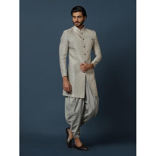 Kisah Men's Grey Sherwani Dhoti Set, Cotton Full Sleaves, Knee Length, Straight, Regular Fit, Mandarin Collar Ethnic Wear