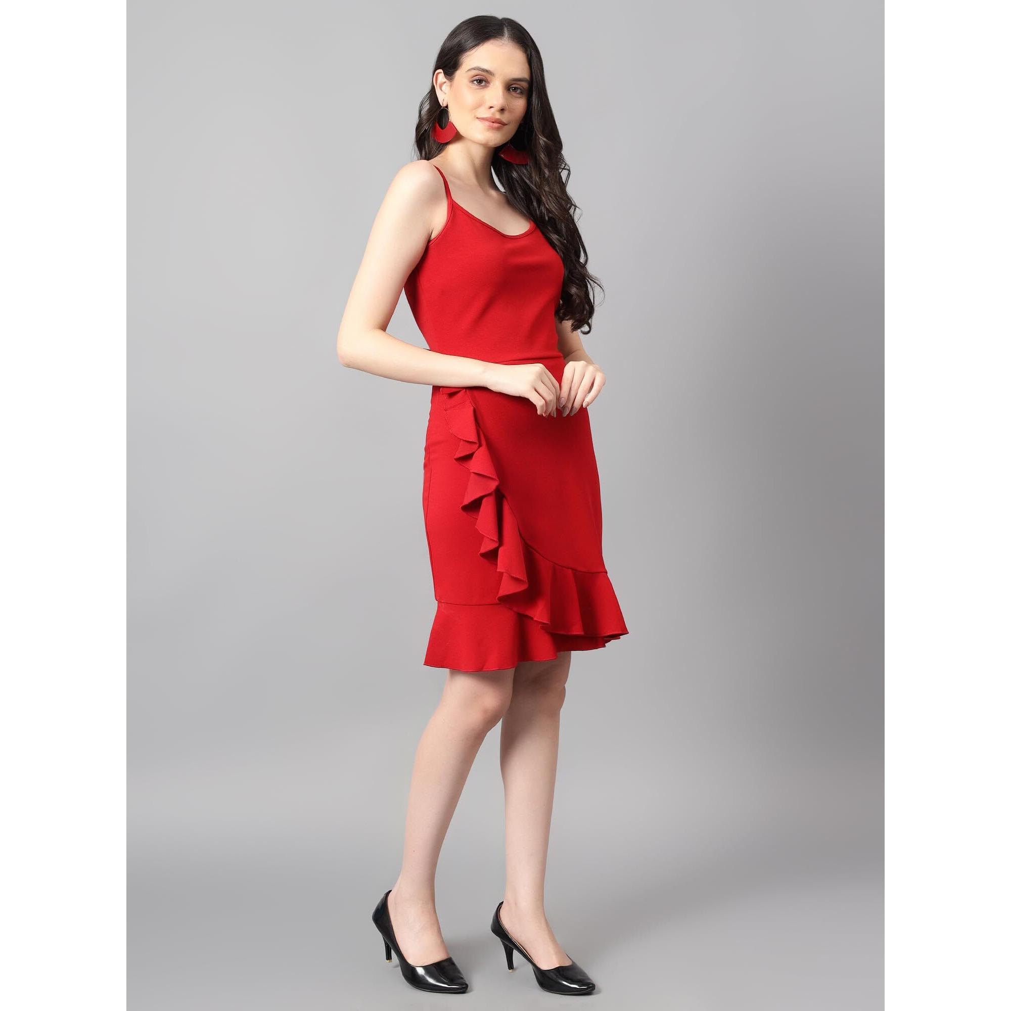 Kotty Women's Solid Spaghetti Neck Dress(Red,L)