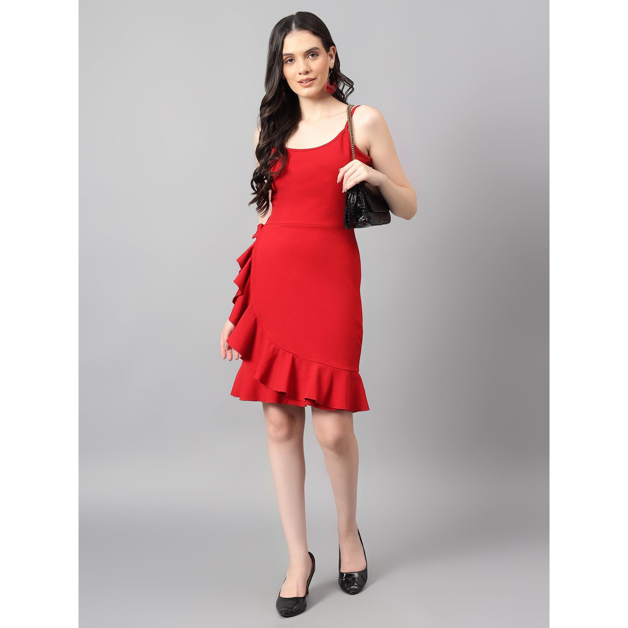 Kotty Women's Solid Spaghetti Neck Dress(Red,L)