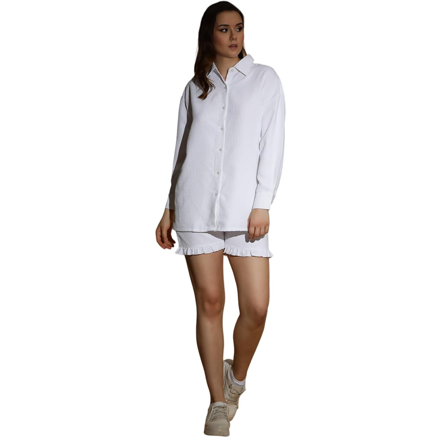 Kotty Women's Self-Design Long Sleeves Shirt Shorts(White,L)