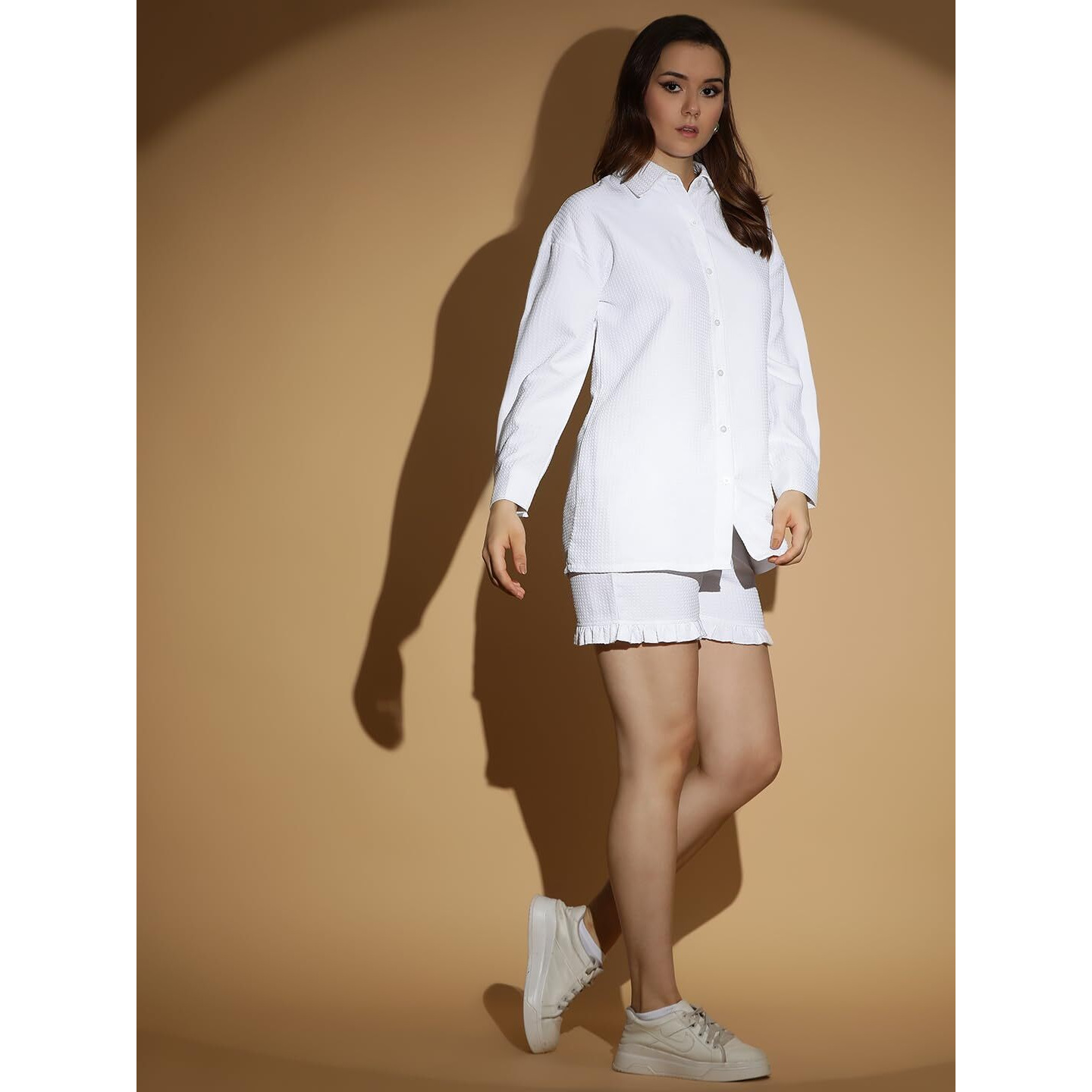 Kotty Women's Self-Design Long Sleeves Shirt Shorts(White,L)