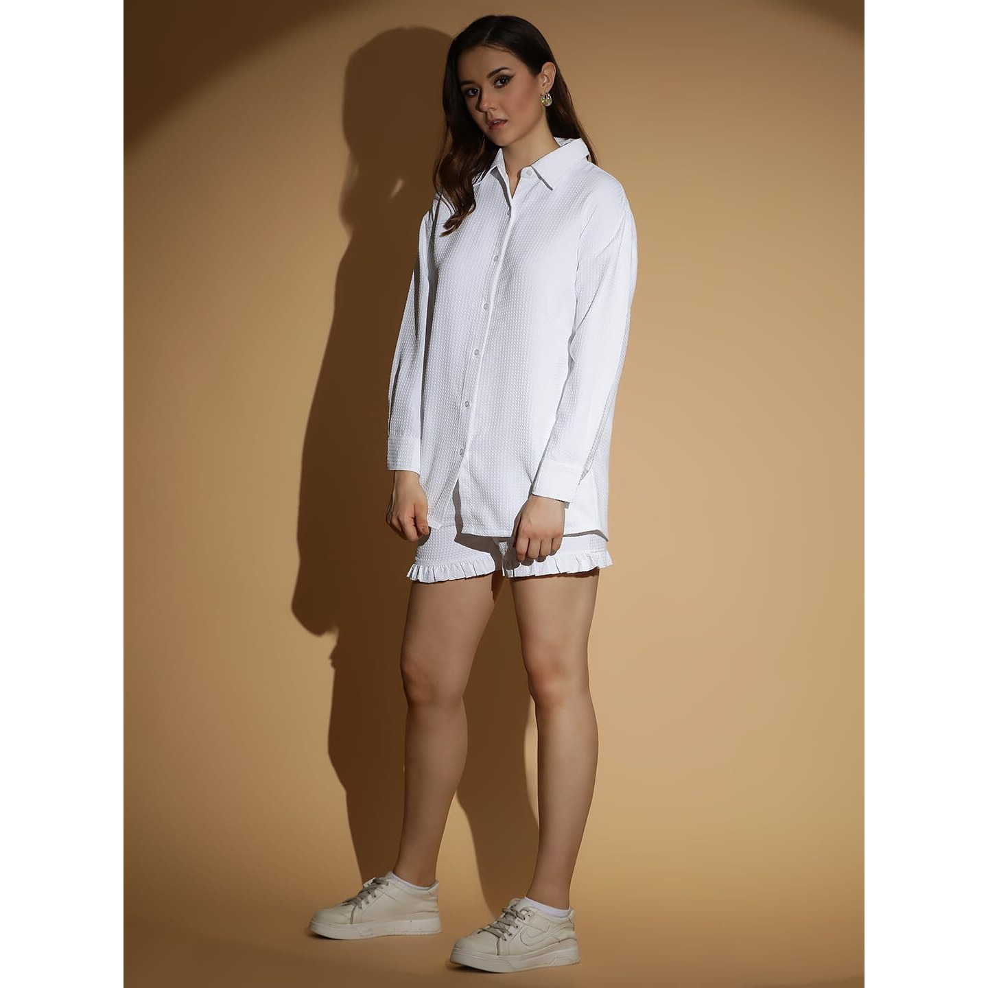 Kotty Women's Self-Design Long Sleeves Shirt Shorts(White,L)