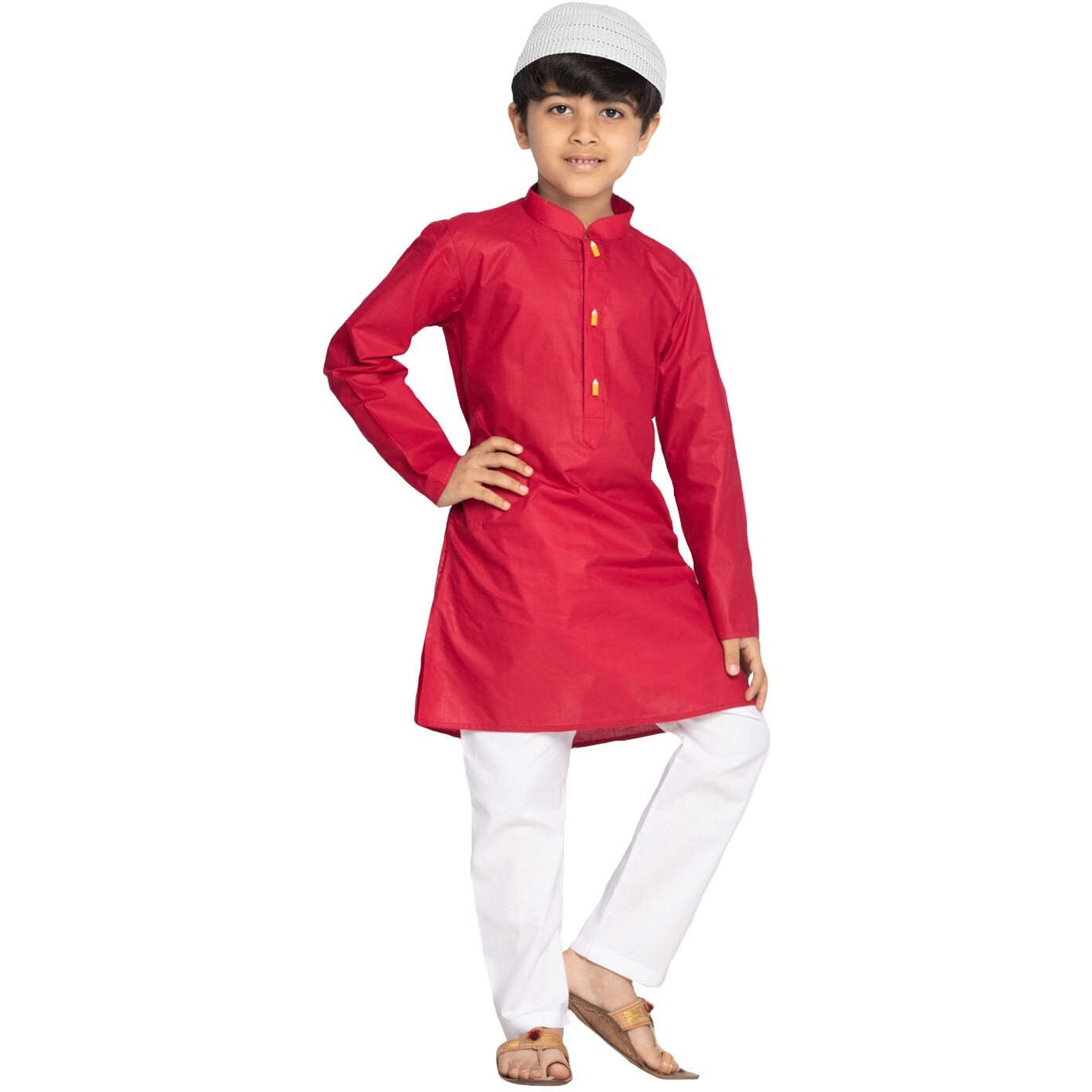 Jbn Creation Boys' Maroon Cotton Blend Kurta Pyjama And Cap Set