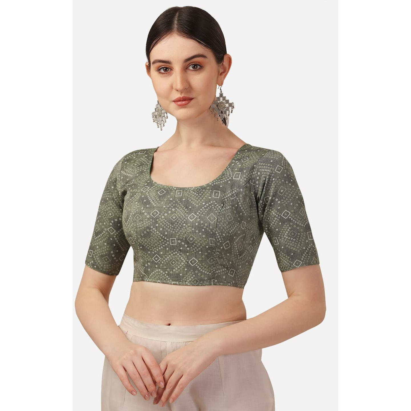 Oomph Women's Indian Ethnic Wear Designer Bandhani Pattern Boat Neck Half Sleeve Cotton Green Blouse For Saree Or Lehnga And Blousepalazzos Or Skirts For A Fusion Twist.