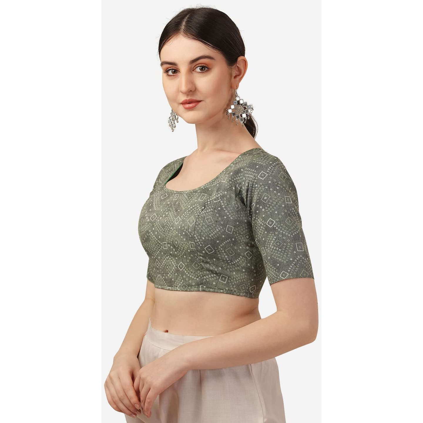 Oomph Women's Indian Ethnic Wear Designer Bandhani Pattern Boat Neck Half Sleeve Cotton Green Blouse For Saree Or Lehnga And Blousepalazzos Or Skirts For A Fusion Twist.