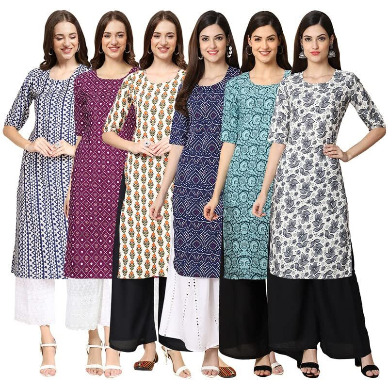 Pinkmint Women's Crepe Digital Print Straight Kurta [Pack Of 6] Multicolour