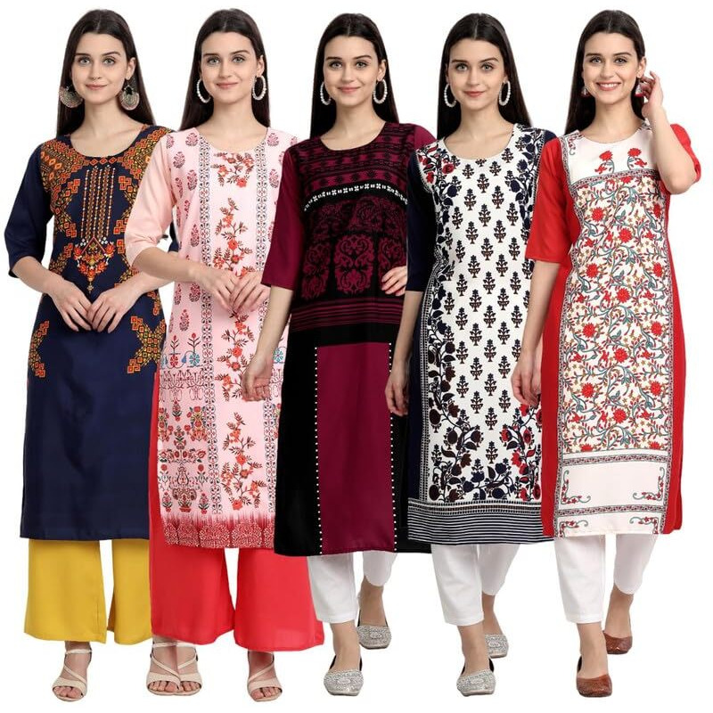 Pinkmint Women's Printed Kurti For Women's Round Neck Straight Kurti For Women (Pack Of 5)