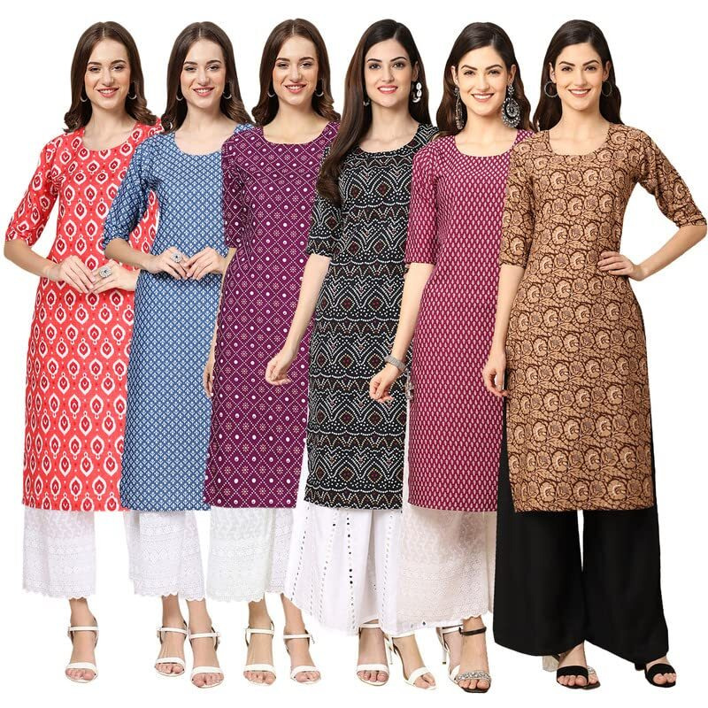 Pinkmint Women's Crepe Digital Print Straight Kurta [Pack Of 6](Mv-346-367-355-373-376-379-L)