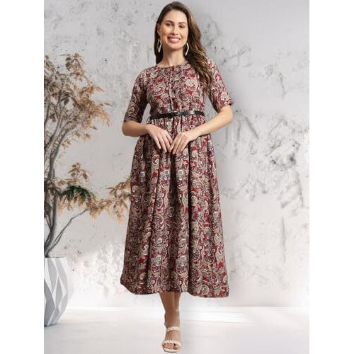 Preneum Girls's Georgette Floral Printed 3/4 Slevees A-Line Fit & Flare Gown With Belt, Red, M