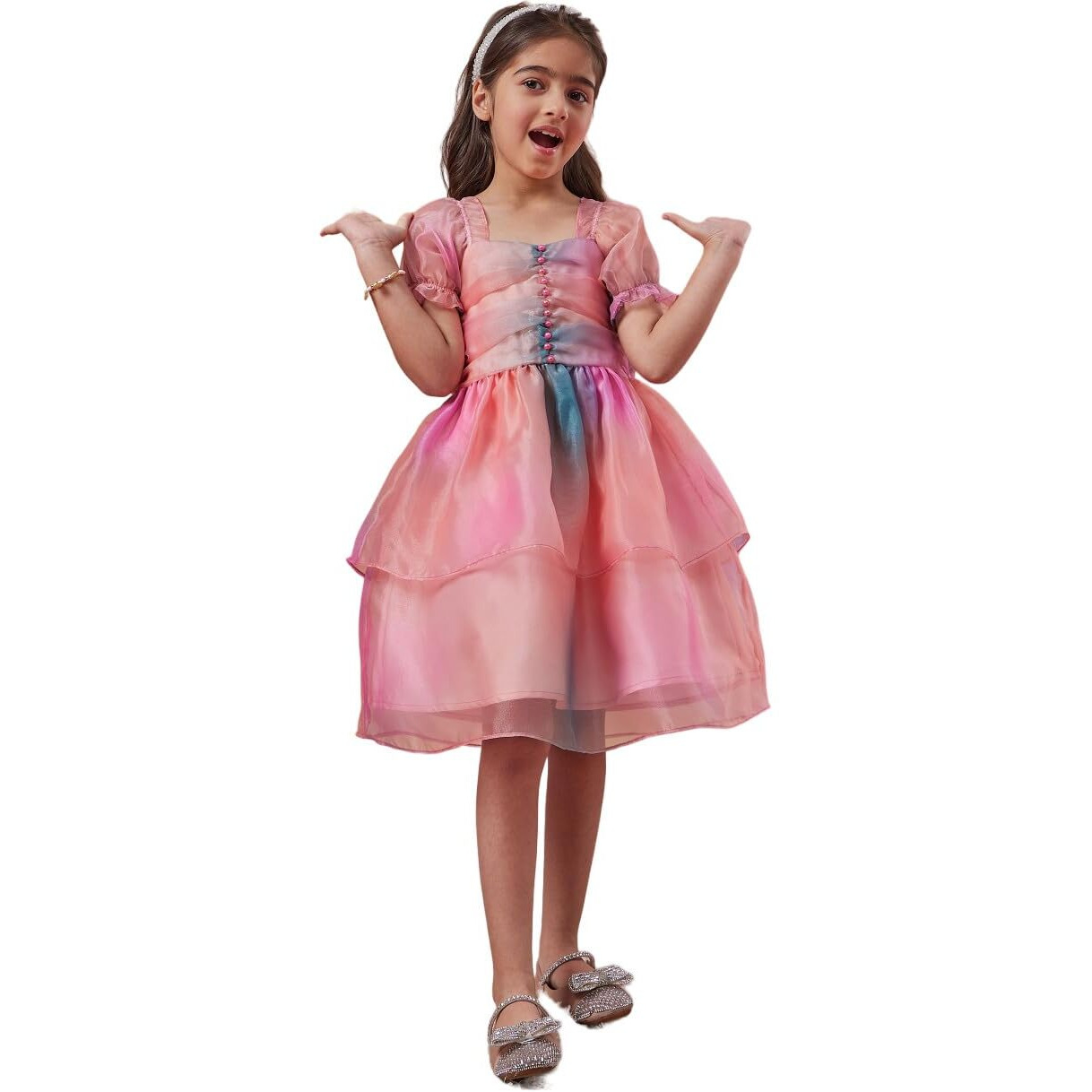 Pspeaches Girl's Square Neck Short Puff Sleeves Fit Flare Dress Casual Wear Trand (9-10Years) Multicolour