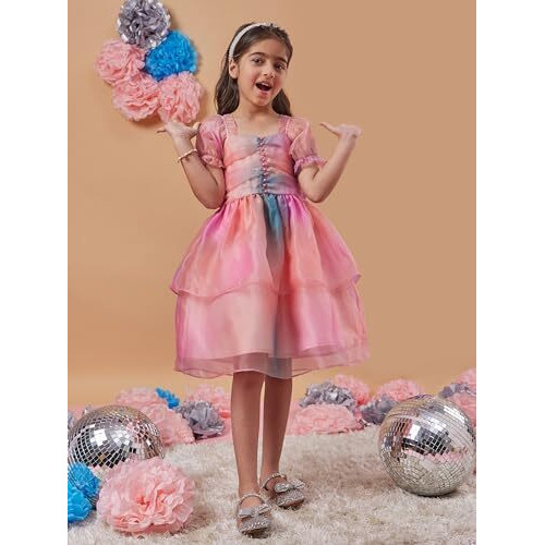 Pspeaches Girl's Square Neck Short Puff Sleeves Fit Flare Dress Casual Wear Trand (9-10Years) Multicolour