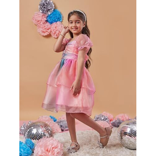 Pspeaches Girl's Square Neck Short Puff Sleeves Fit Flare Dress Casual Wear Trand (9-10Years) Multicolour