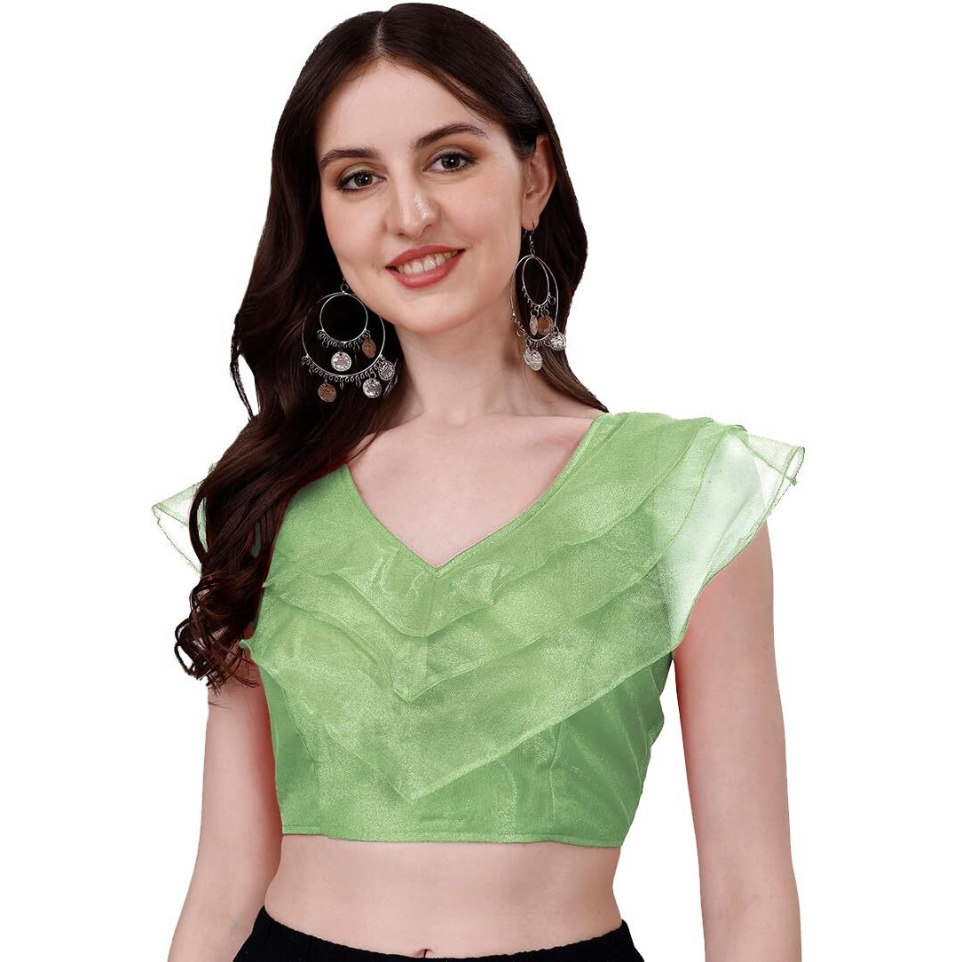 Pujia Mills Women's V Neck Orgenza Three Layer Ruffle Sleeve Frill Readymade Saree Blouse