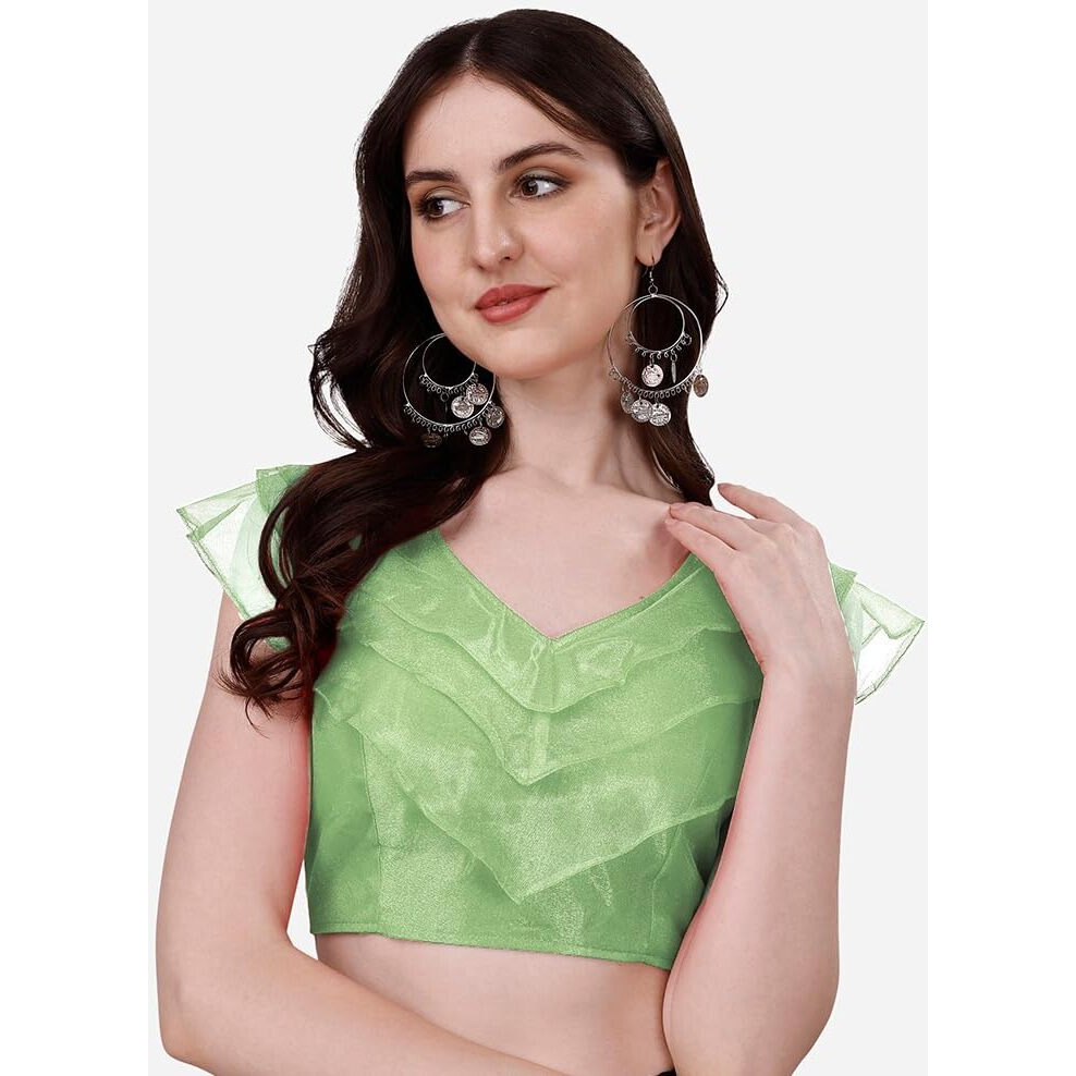 Pujia Mills Women's V Neck Orgenza Three Layer Ruffle Sleeve Frill Readymade Saree Blouse