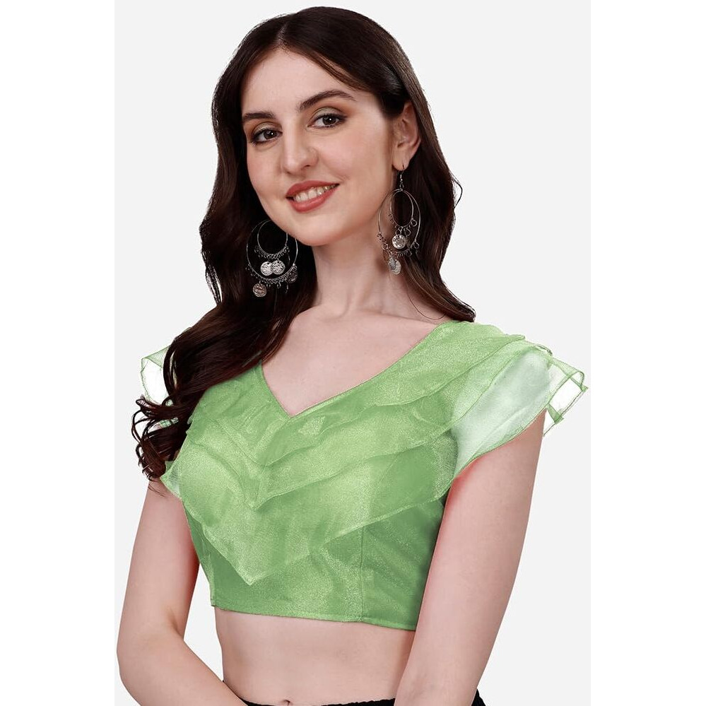 Pujia Mills Women's V Neck Orgenza Three Layer Ruffle Sleeve Frill Readymade Saree Blouse