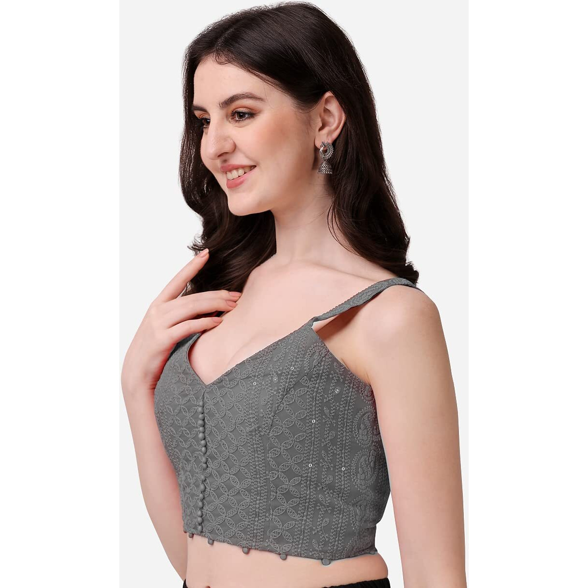 Pujia Mills Women's Embroidery Sleeveless Blouse (Lakhnavi 4_Grey_38)