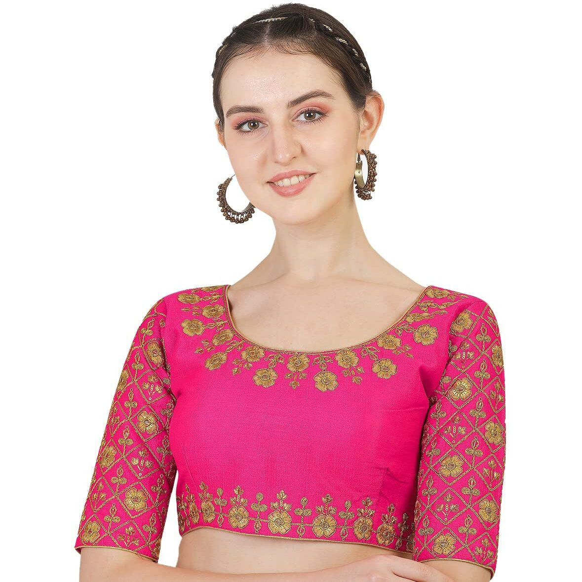 Pujia Mills Women's Silk Checkered Half Sleeve Blouse (Rani Madhubala Blouse38_Pink_38)