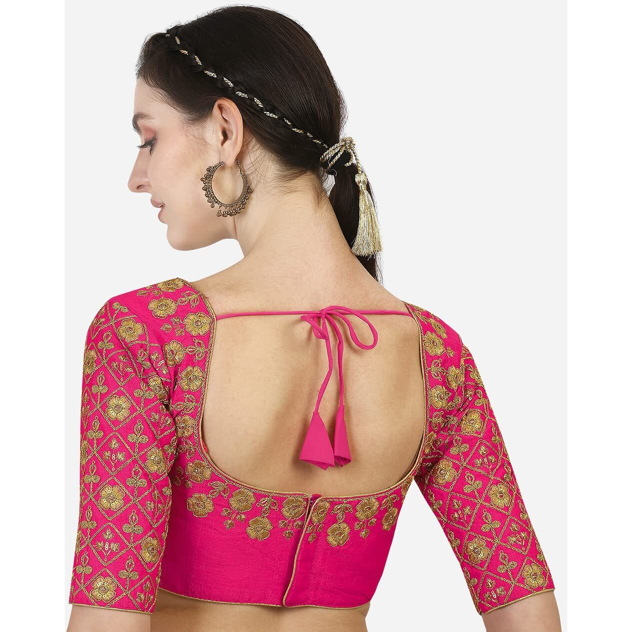 Pujia Mills Women's Silk Checkered Half Sleeve Blouse (Rani Madhubala Blouse38_Pink_38)