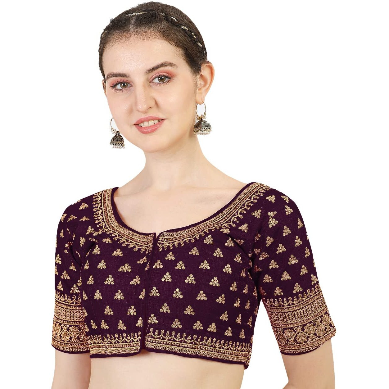 Pujia Mills Women's Silk Embroidery Sequins Work Half Readymade Saree Blouse (Rose_Wine_38)