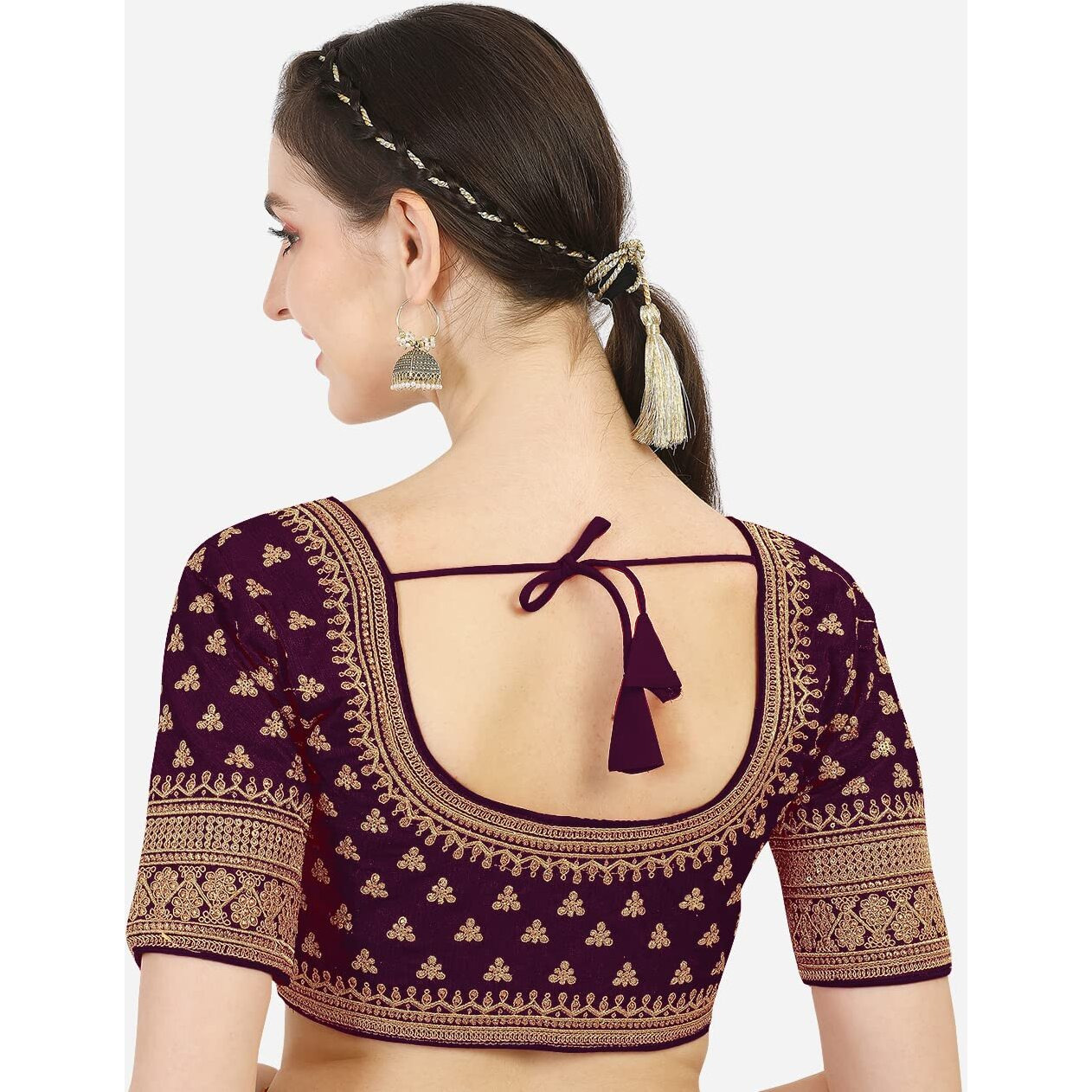 Pujia Mills Women's Silk Embroidery Sequins Work Half Readymade Saree Blouse (Rose_Wine_38)