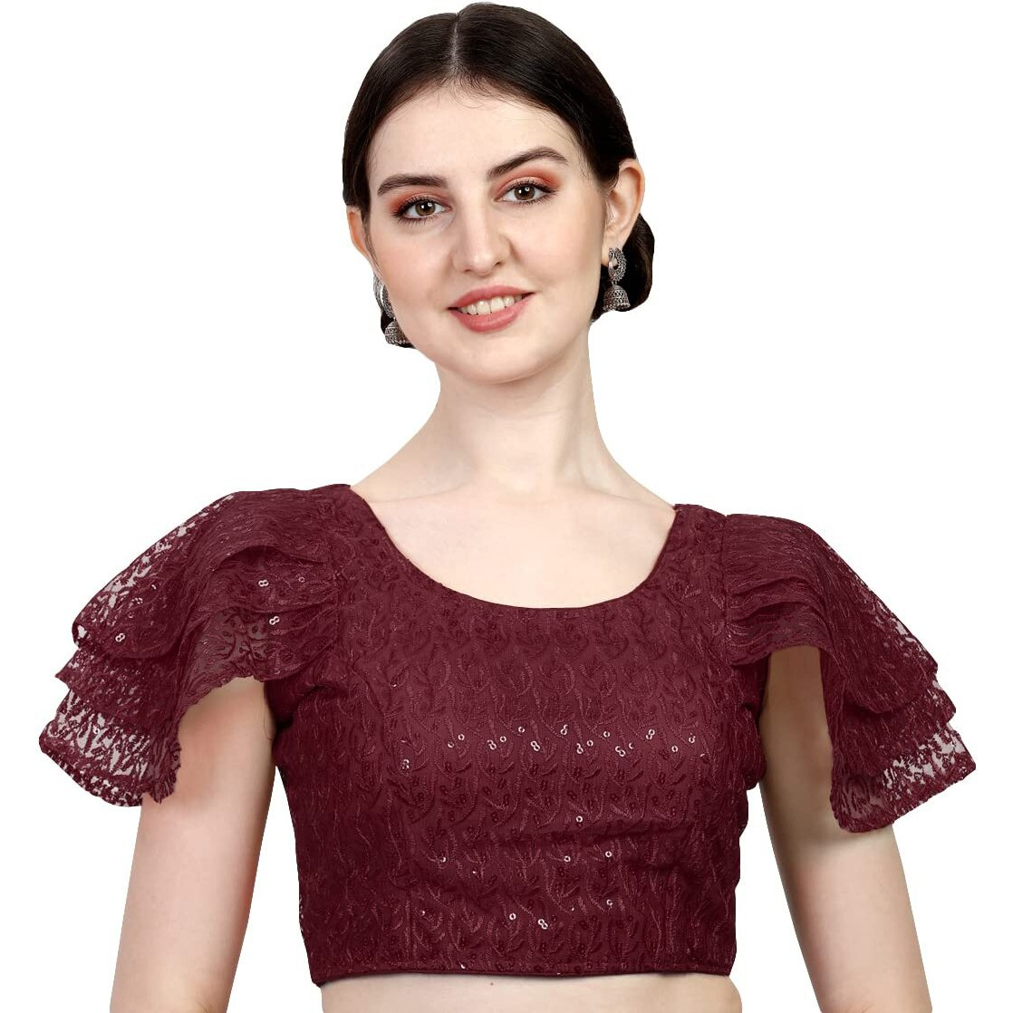 Pujia Mills Women's Multicolore Shifly Net Work Ruffle Sleeves Readymade Saree Blouse For Lehenga Choli