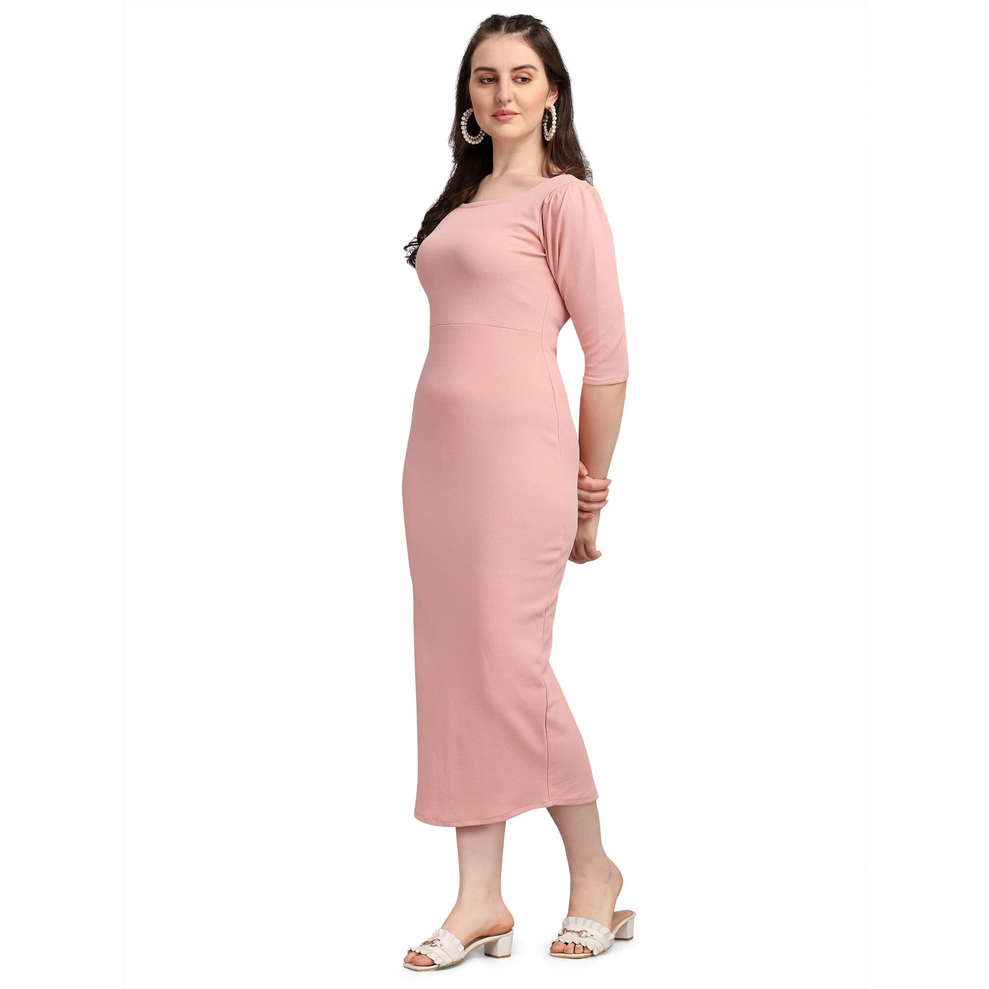 Purvaja Women's Corduroy Bodycon Midi Dress (Ruby-132-Pe-Xl_Peach