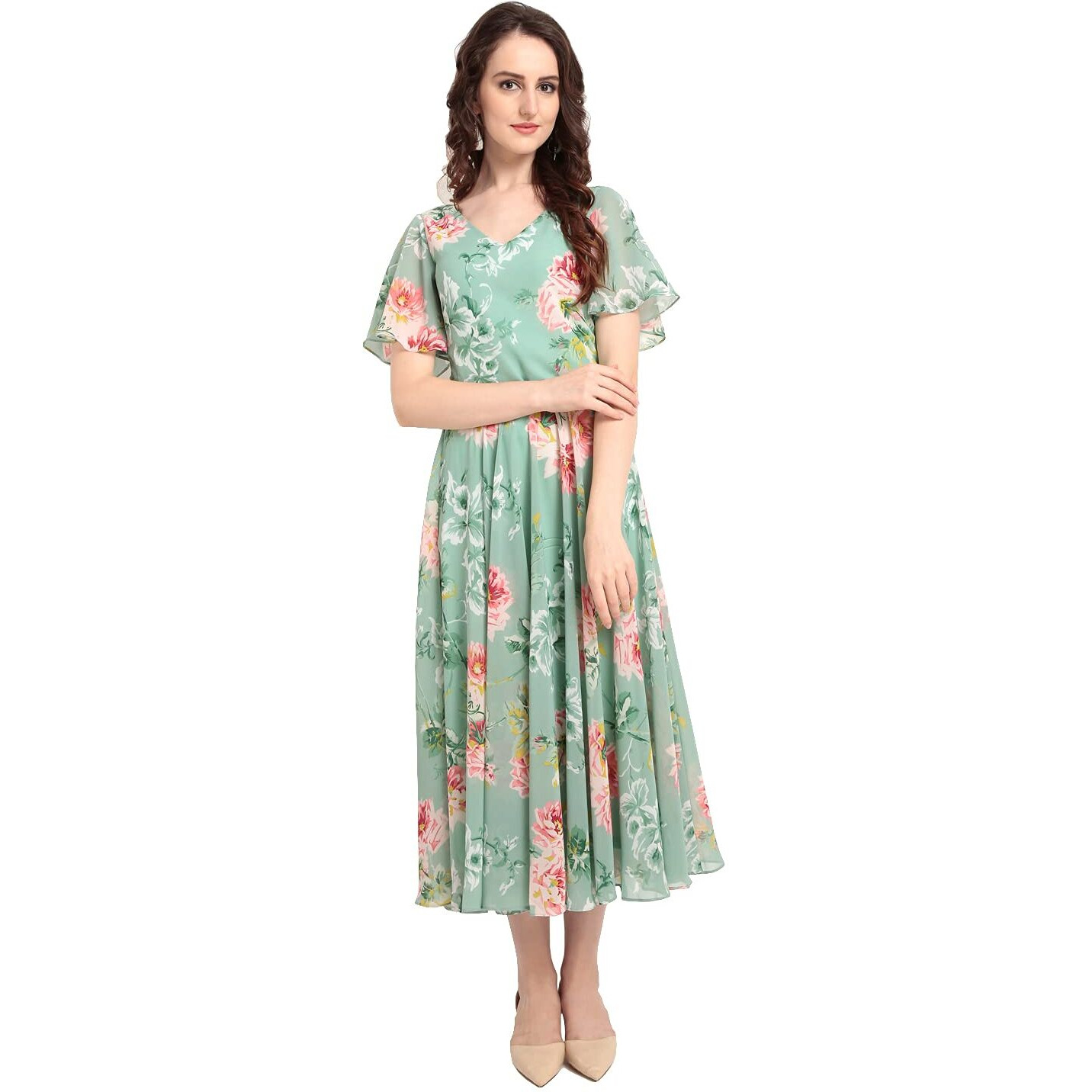 Rare London Women Georgette A-Line Calf Length Dress (Ep3153_B_Green_Xl)