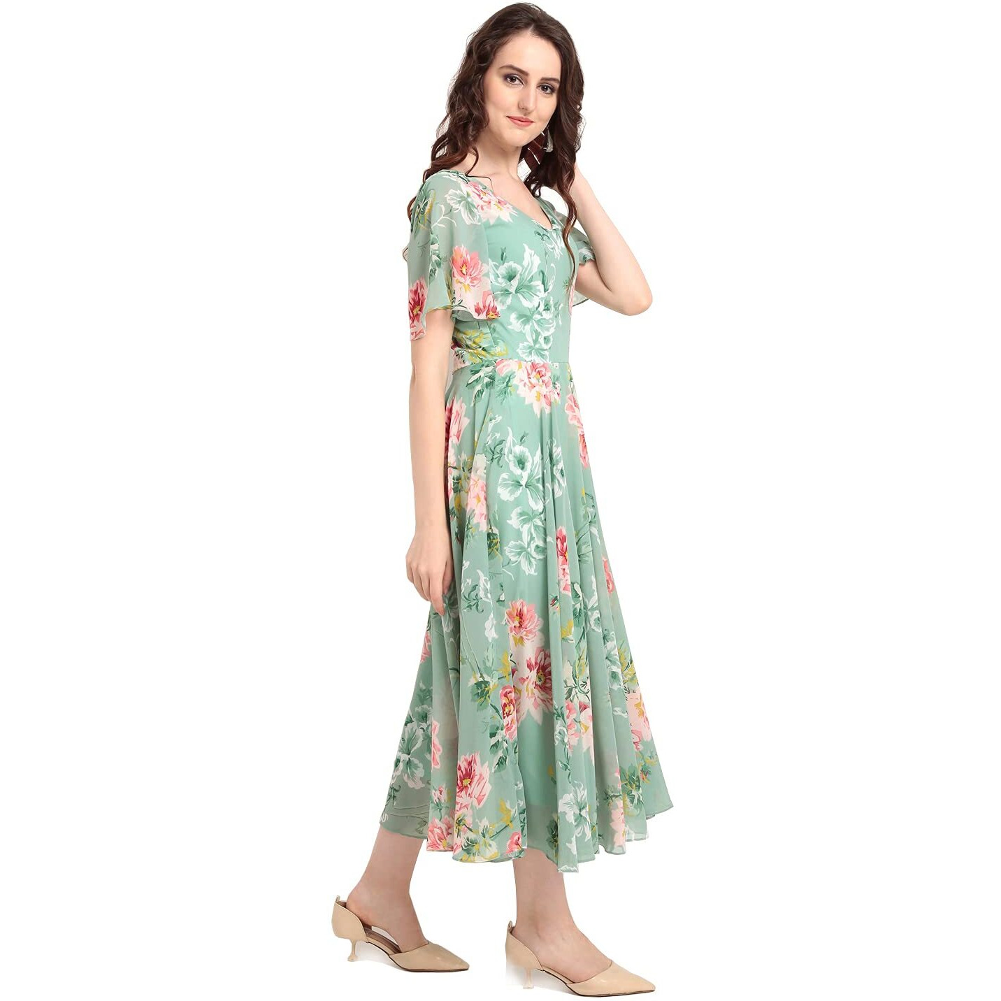 Rare London Women Georgette A-Line Calf Length Dress (Ep3153_B_Green_Xl)