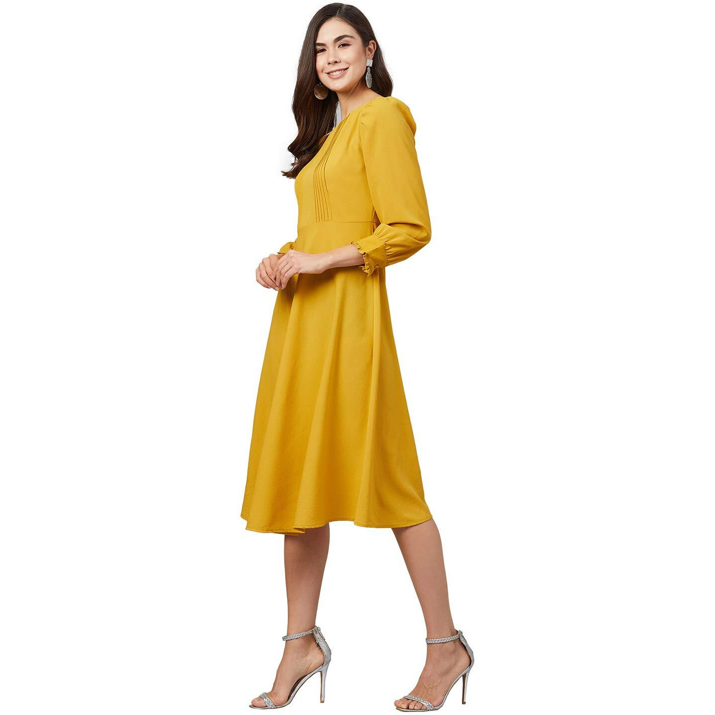 Rare Women's Polyester Fit And Flare Midi Casual Dress (Ep6210_Yellow_Large)