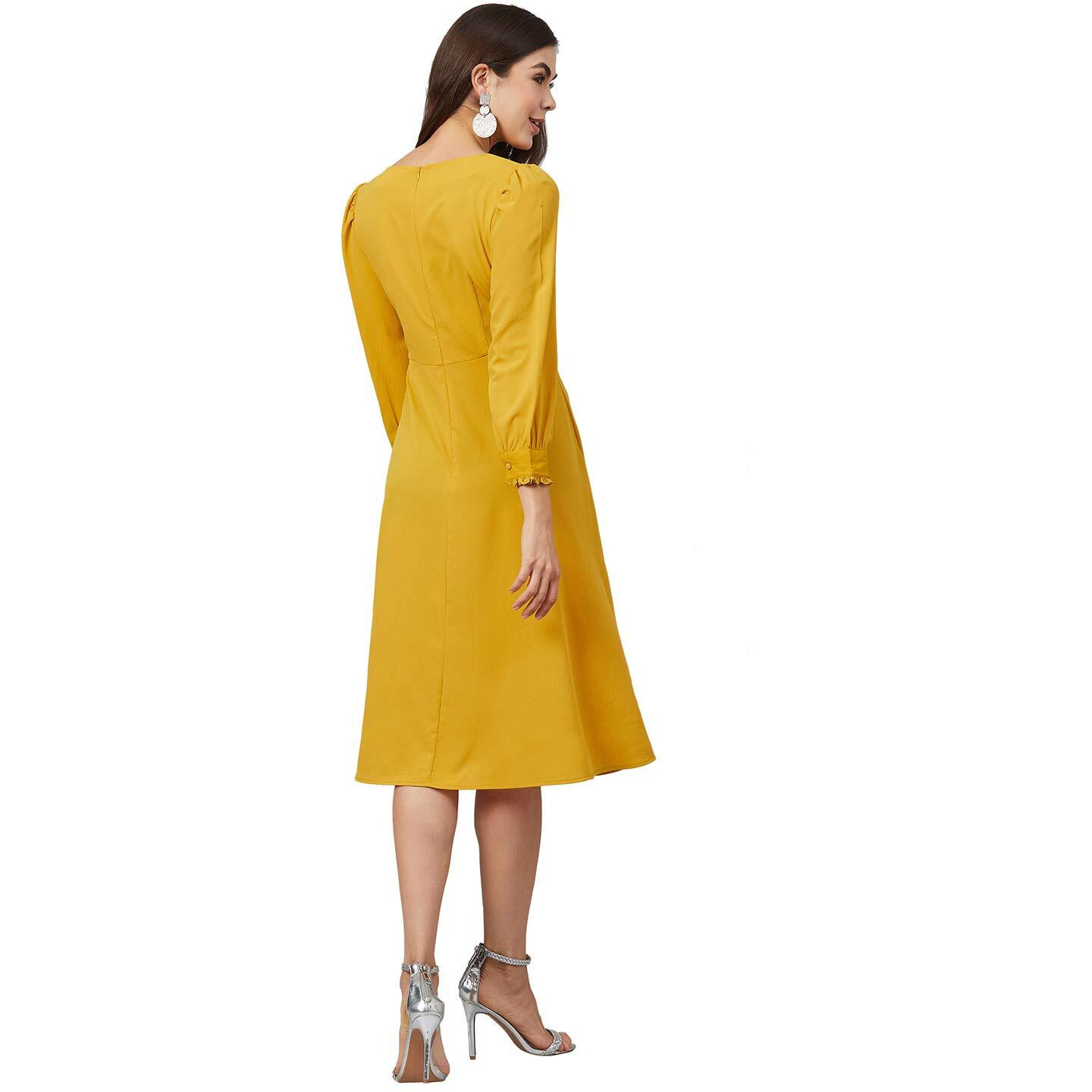 Rare Women's Polyester Fit And Flare Midi Casual Dress (Ep6210_Yellow_Large)