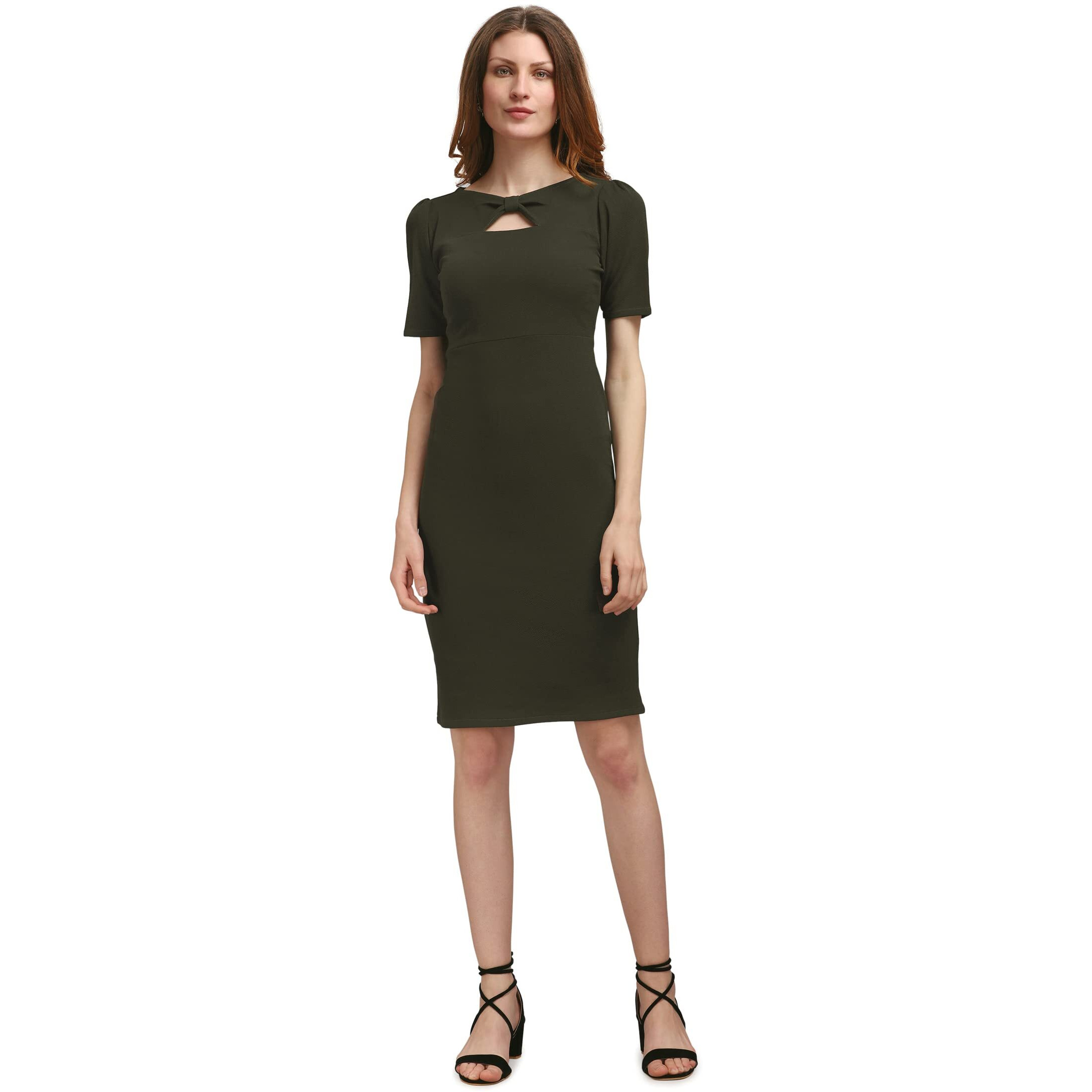 Purvaja Women's Polyester Blend Bodycon Knee-Length Dress (Ruby-379-Dark Olive-Xl_Dark
