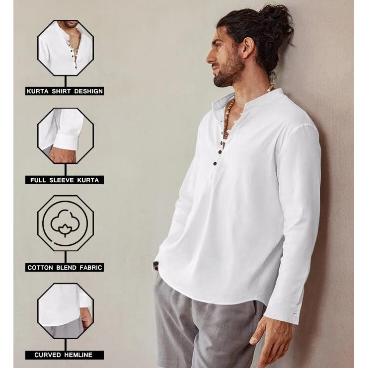 Royalscout Men's Cotton Solid Full Sleeve Short Kurta Shirt White