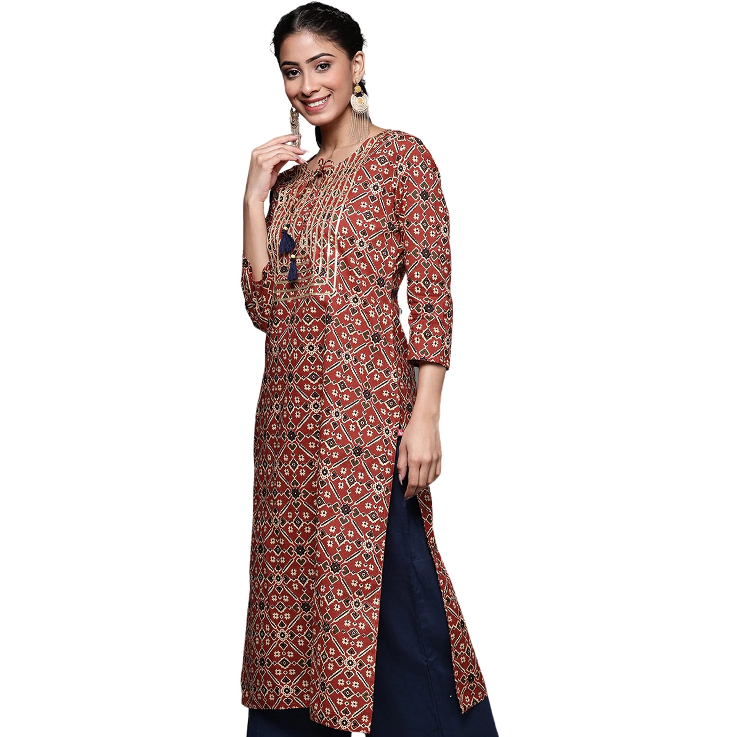 Rytras Women's Cotton Printed Straight Kurta(Ryt310_Maroon_Large)