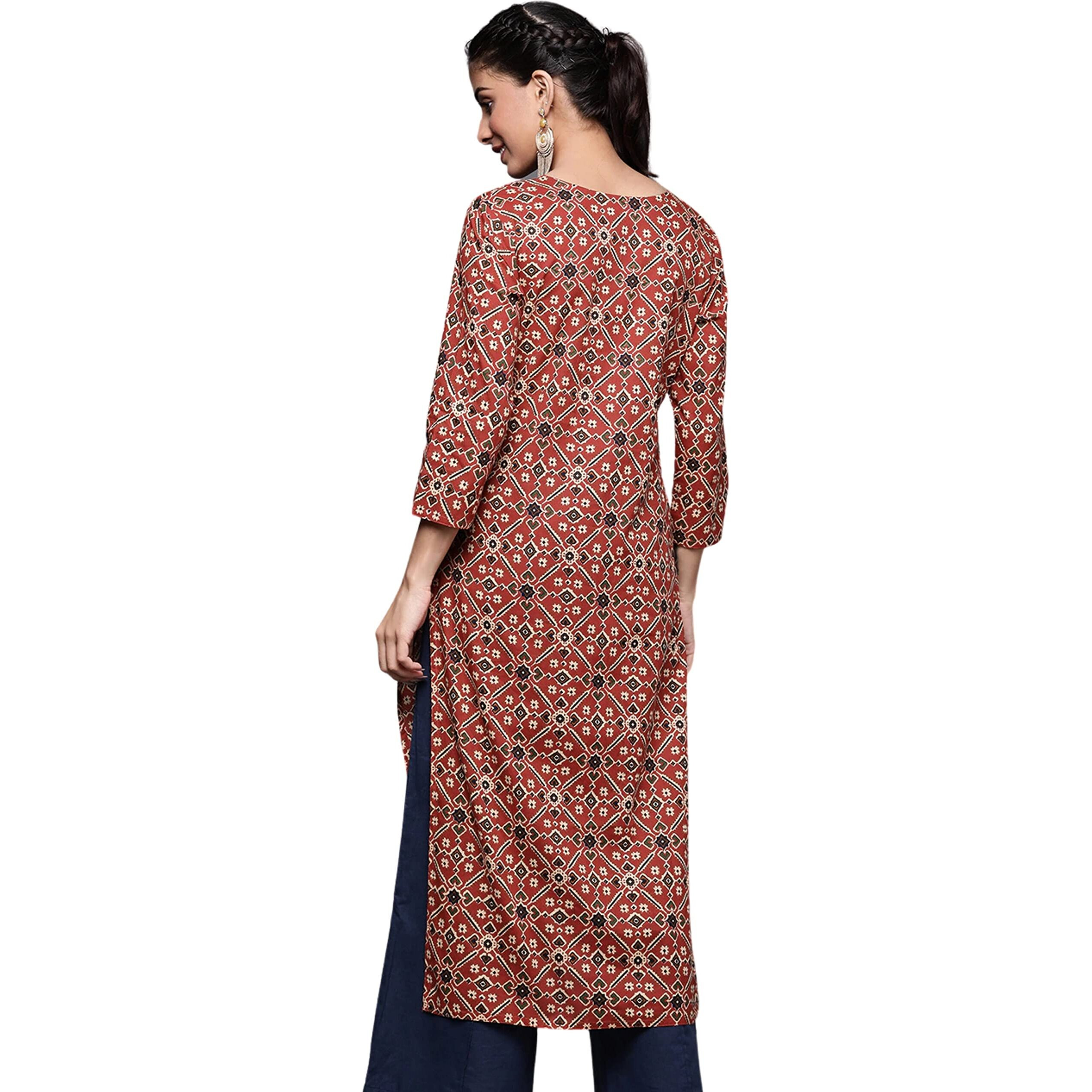 Rytras Women's Cotton Printed Straight Kurta(Ryt310_Maroon_Large)