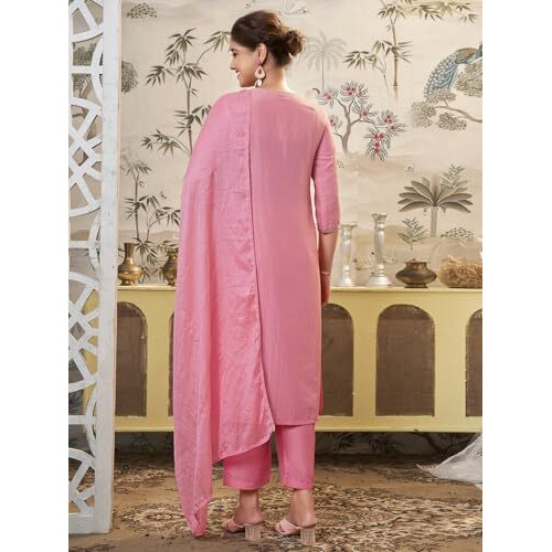 Sanisa Women's Chinnon Embroidery Work Straight Kurta With Pant And Dupatta Set (180Kbd1923Nr-L_Pink)