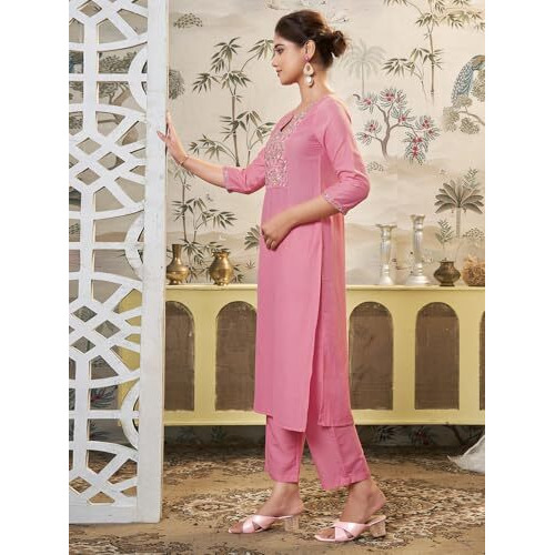 Sanisa Women's Chinnon Embroidery Work Straight Kurta With Pant And Dupatta Set (180Kbd1923Nr-L_Pink)