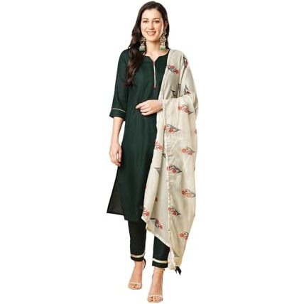 Sanisa Women's Cotton Blend Solid Straight Kurta With Pant And Digital Printed Dupatta (75Kbd841Nz-S_Green)