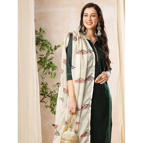 Sanisa Women's Cotton Blend Solid Straight Kurta With Pant And Digital Printed Dupatta (75Kbd841Nz-S_Green)