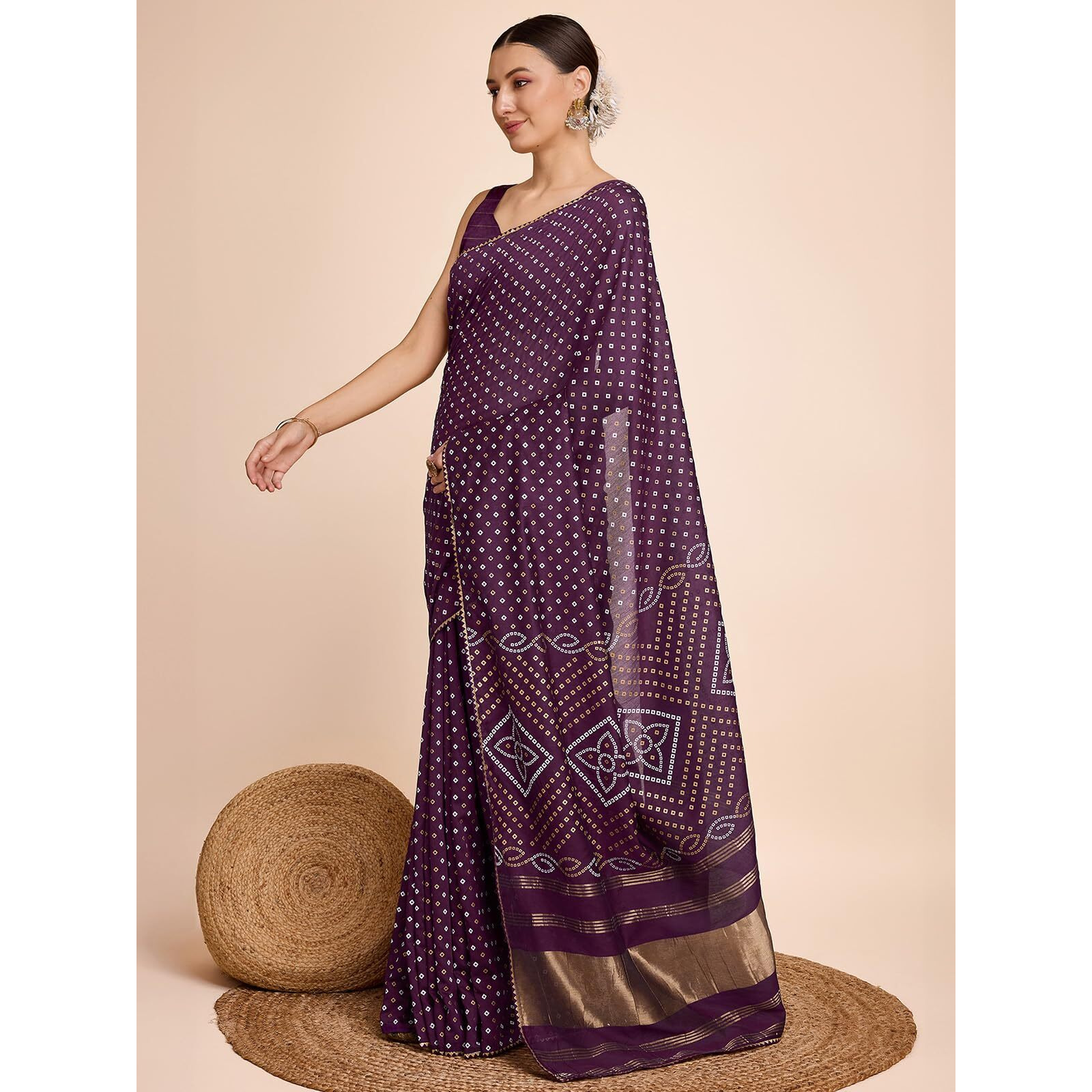 Satrani Women's Cotton Silk Bandhani Foil Printed Gota Lace Zari Stripe Saree With Unstitched Blouse Piece (3848S143N_Wine)