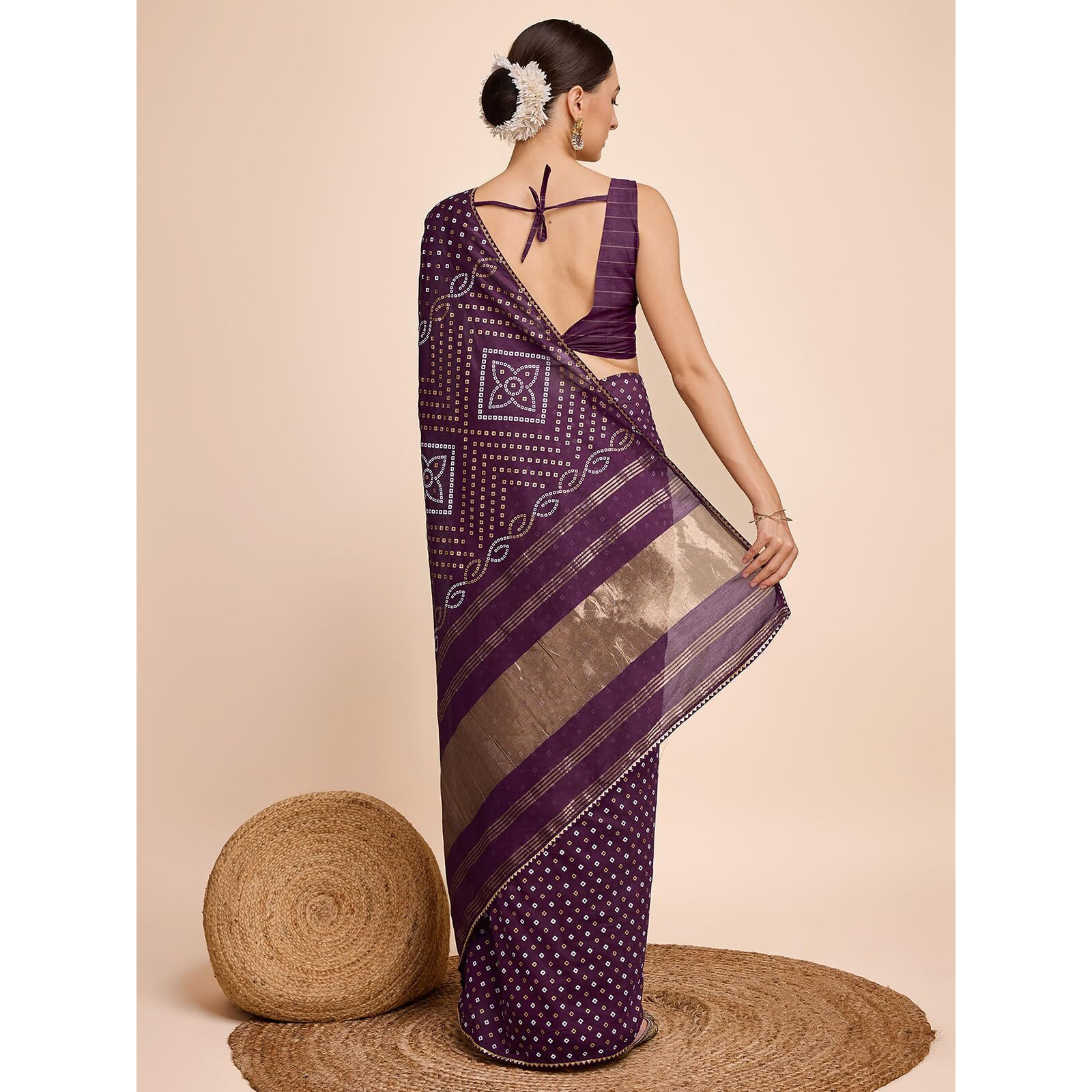 Satrani Women's Cotton Silk Bandhani Foil Printed Gota Lace Zari Stripe Saree With Unstitched Blouse Piece (3848S143N_Wine)