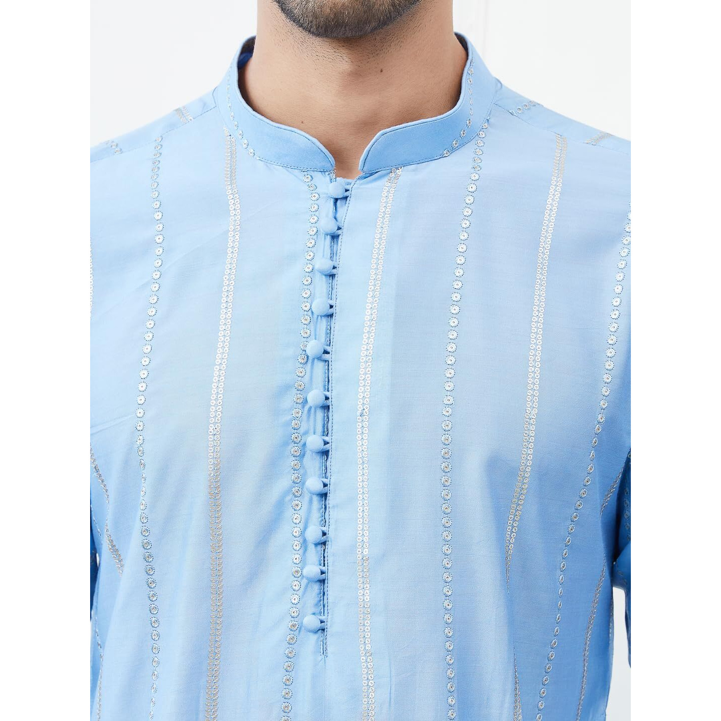 See Designs Men Turquoise Blue Sequince Cotton Kurta Long Sleeves_Sdkt1444S
