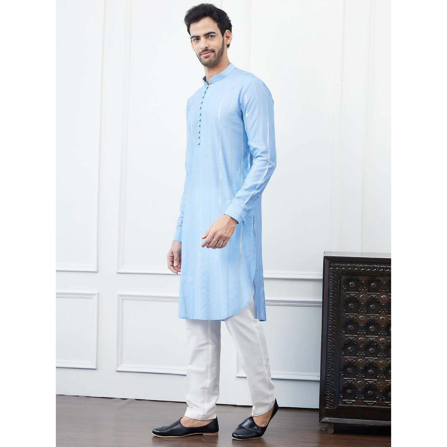 See Designs Men Turquoise Blue Sequince Cotton Kurta Long Sleeves_Sdkt1444S