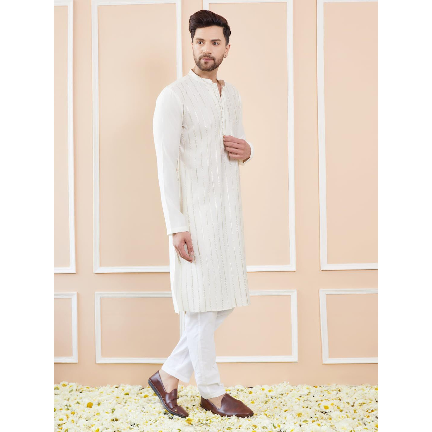 See Designs Men Full Sleeve Side Slit Off White And Gold Chanderi Silk Sequins Mandarin Collar Kurta - Sdkt2423L